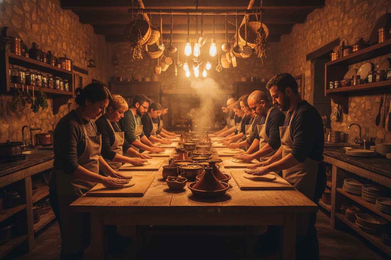 Sıcak ışıklı bir atölyenin geniş planı; uzun ahşap masada çalışmakta olan katılımcılar ve bakır tencere izleri.