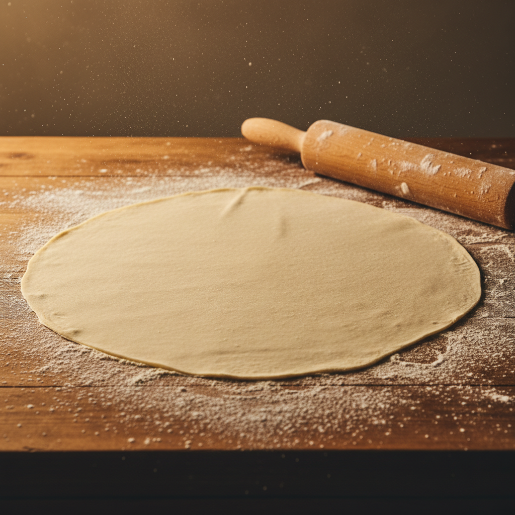 Unlanmış tezgâhta açılmış ince mantı hamuru detayı.